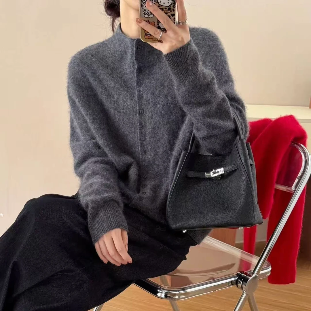 拉毛绒感小高领单排扣毛衣开衫女2025新款高级百搭羊毛衫7660
