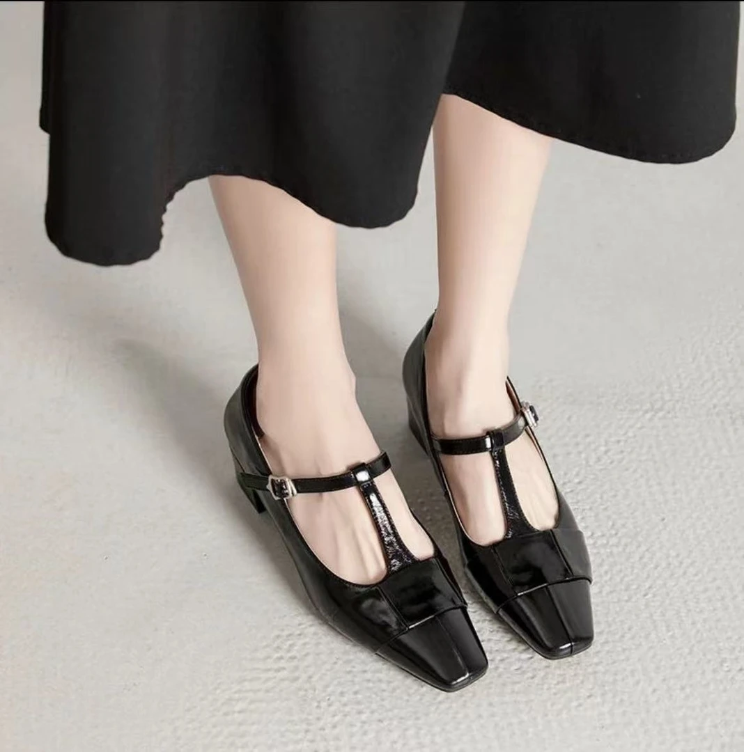 30863可家 牛软漆皮真皮粗跟方头法式丁字扣带玛丽珍单鞋