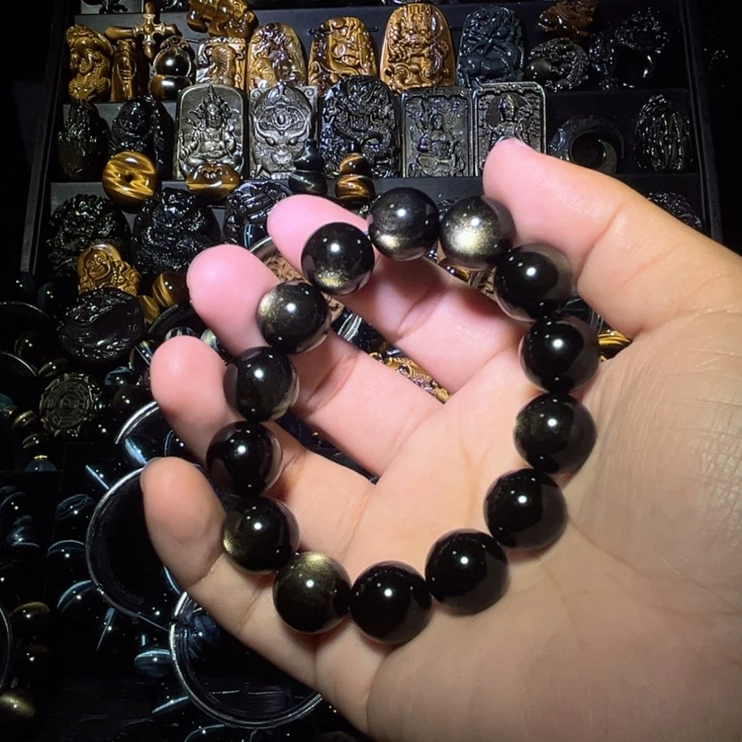 未镶嵌黑曜岩手链你*啥天然金曜石7A级双面圆眼16m