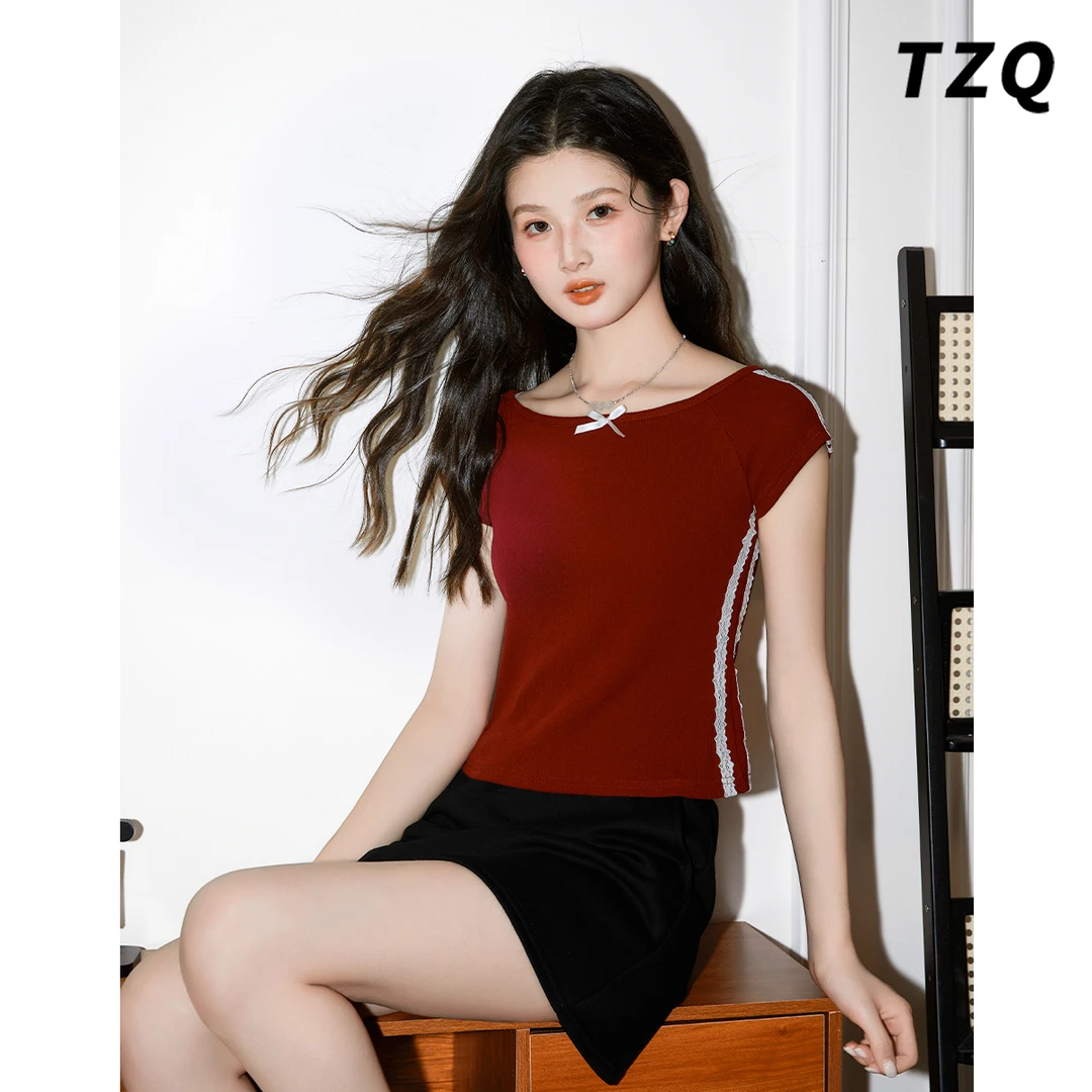 设计感侧边条纹美式红色一字肩上衣女夏季新款短袖t恤TZQ2560343