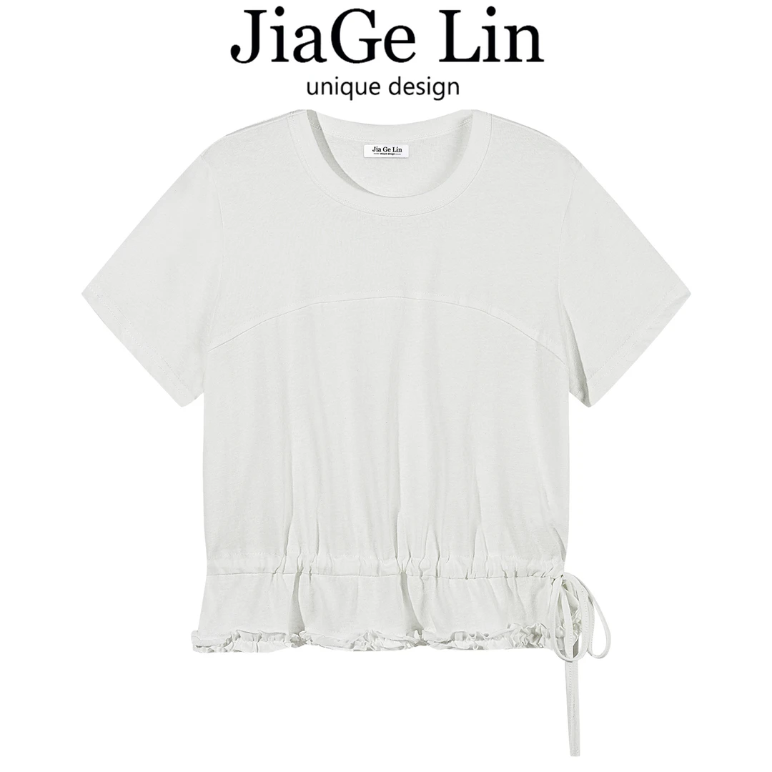 JiaGeLin韩系时尚休闲拼接木耳边T恤纯色短袖女夏季舒适百搭上衣