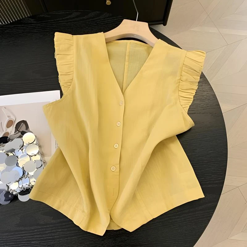 夏季无袖衬衣女款设计感小众飞飞袖衬衫女显瘦气质减龄上衣可爱风