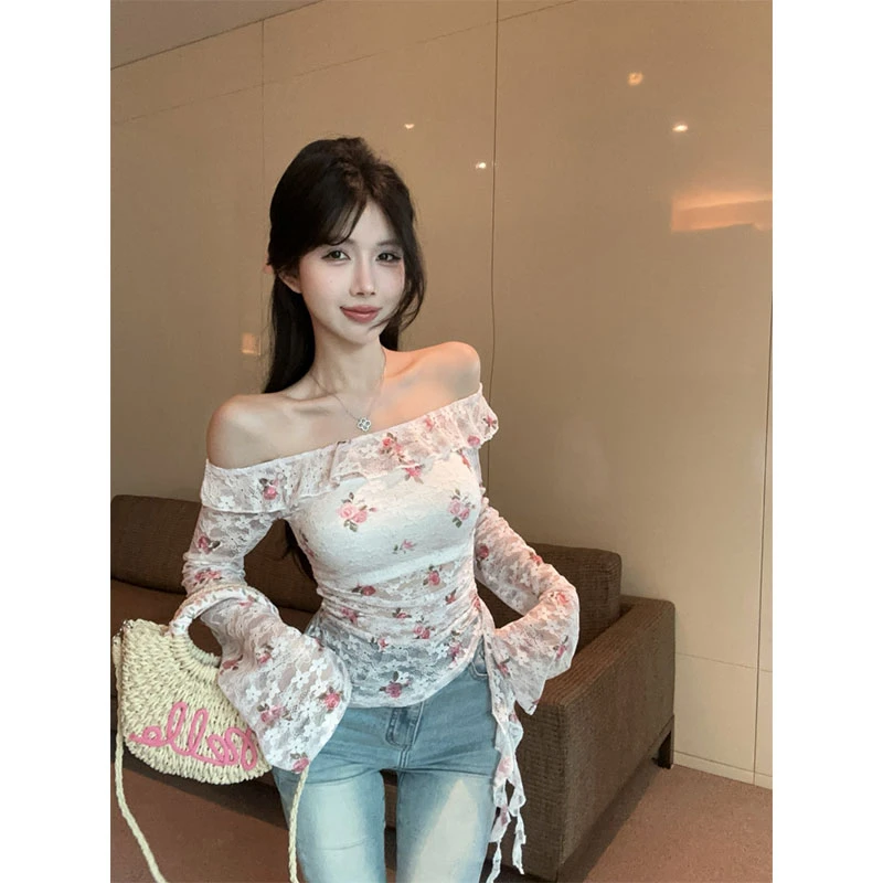 2025夏季新款荷叶边印花蕾丝一字斜肩辣妹纯欲打底衫配裹胸两件套