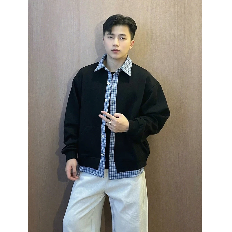 美式假两件开衫卫衣男款cleanfit格子拼接衬衫领外套秋季短款夹克