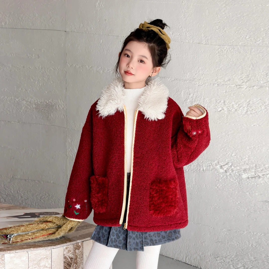女童外套秋冬加绒加厚2026新款洋气红色羊羔毛大童冬季新年儿童装