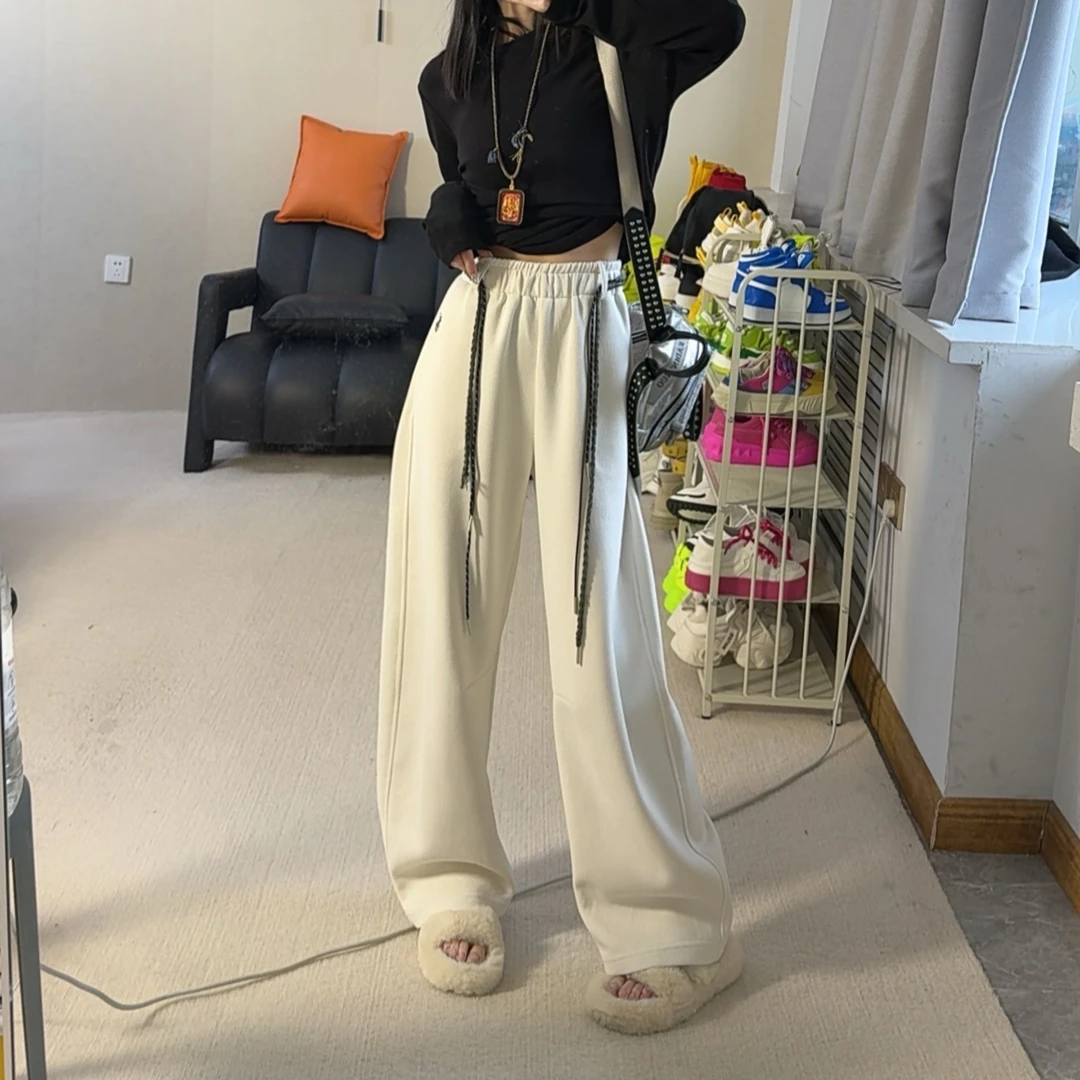 纯色休闲运动裤女2025秋季新款宽松百搭显瘦裤刺绣弯刀阔腿裤卫裤