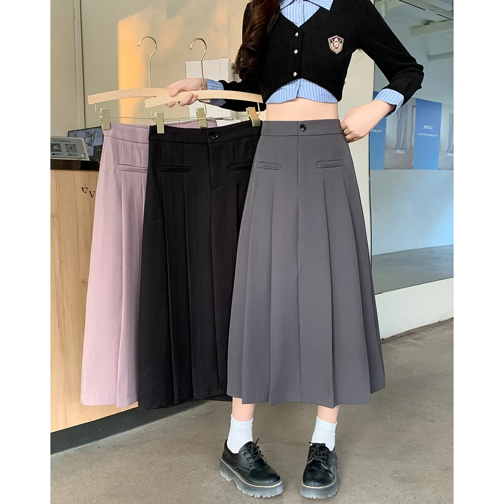 【涵胖胖】清夏季学院风西装百褶裙高腰垂感开叉半身裙63957