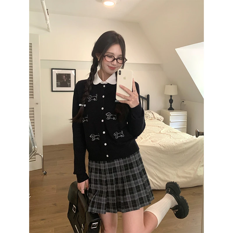 可爱小狗针织衫女2025秋季新款上衣韩系宽松初秋短款毛衣开衫外套