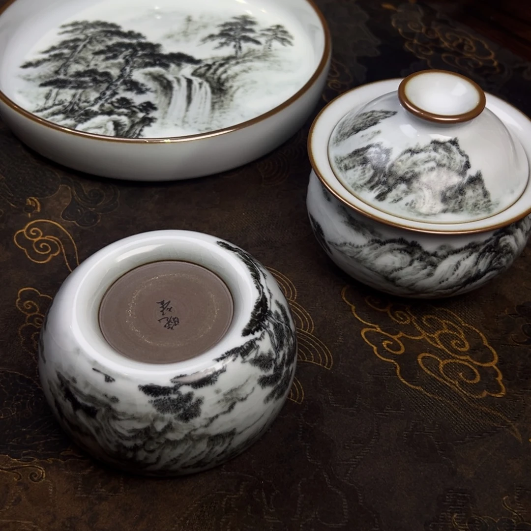 杯月白三件套墨彩开片