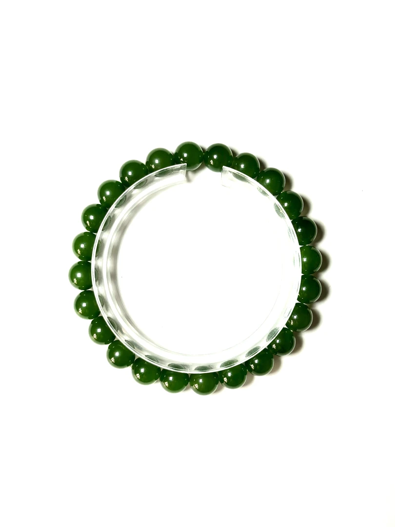 【俄料】和田玉碧玉白加绿老料菠菜绿手串珠径约8mm