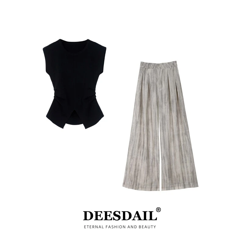 DEESDAIL纯色收腰褶皱显瘦上衣垂感复古气质阔腿裤女时尚套装Y081