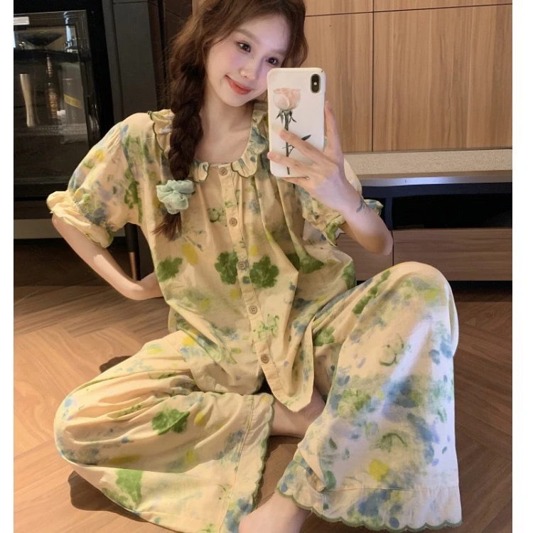 薄款女士荷叶领印花开衫短袖短裤睡衣夏季新款韩版休闲家居服套装