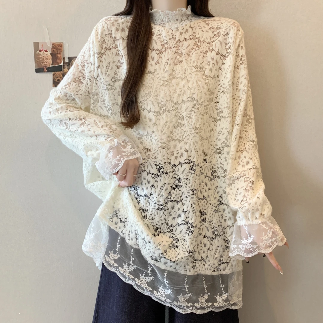 法式甜美半高领蕾丝叠穿打底衫女内搭洋气大码胖mm喇叭袖网纱上衣