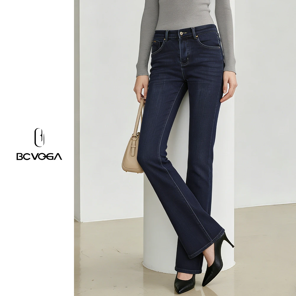 BCVOGA休闲减龄显瘦弹力高腰微喇轻职通勤双色微喇叭牛仔裤显腿长