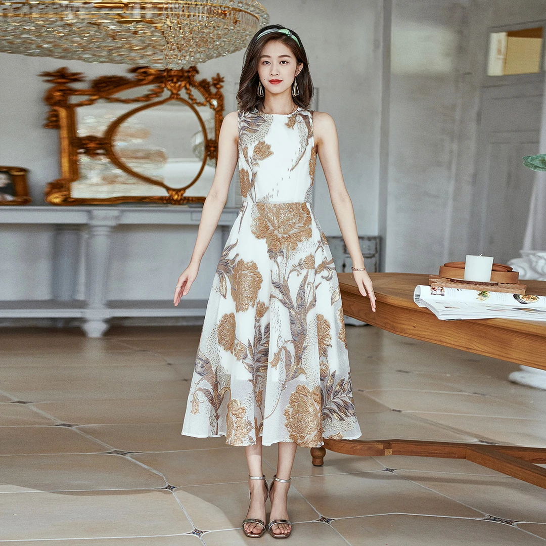 优雅仿宋锦国风提花连衣裙2025夏新款气质无袖收腰名媛大摆裙455