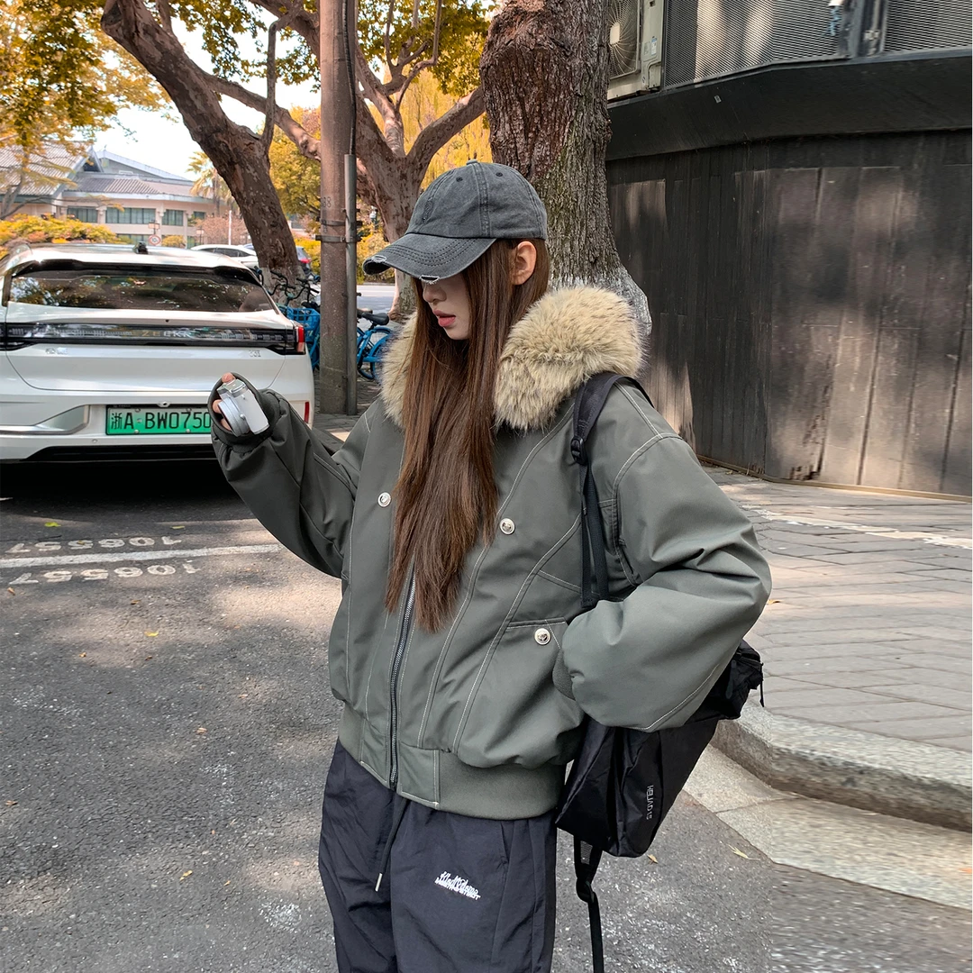 美式防寒潮流复古2025外套毛领冬季加厚棉服连帽短款棉衣高级