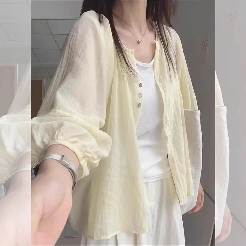 夏日绝美黄色长袖薄款外套女2025新款宽松百搭透气单排扣开衫上衣