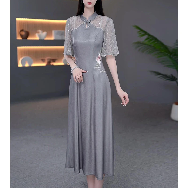 DBF-25A383YR 新款轻奢仙气性感蕾丝刺绣复古法式气质连衣裙M-5XL