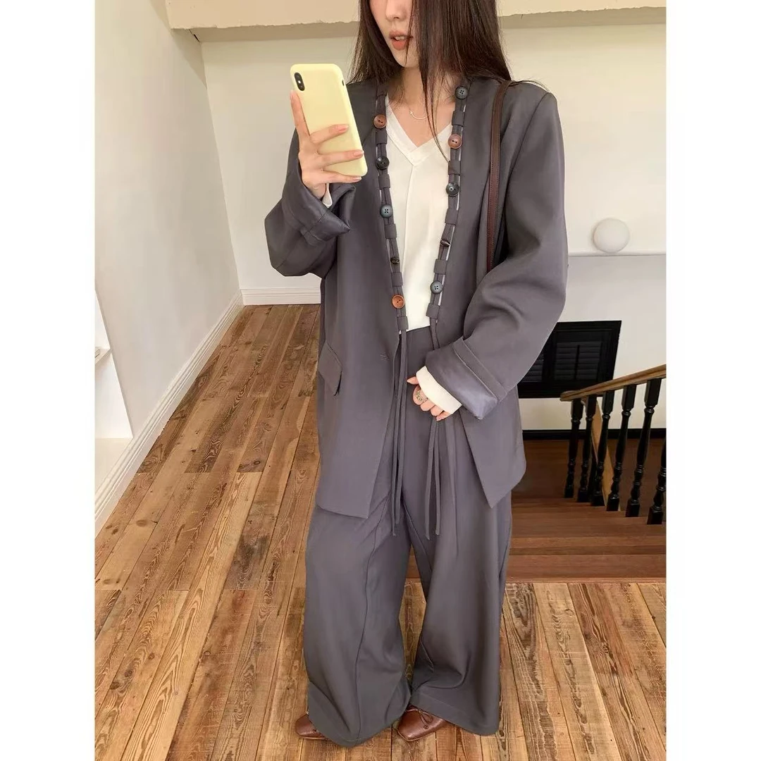 【NAZ瑶瑶微胖大码定制】无领简约抽绳设计感西装外套+休闲长裤套装