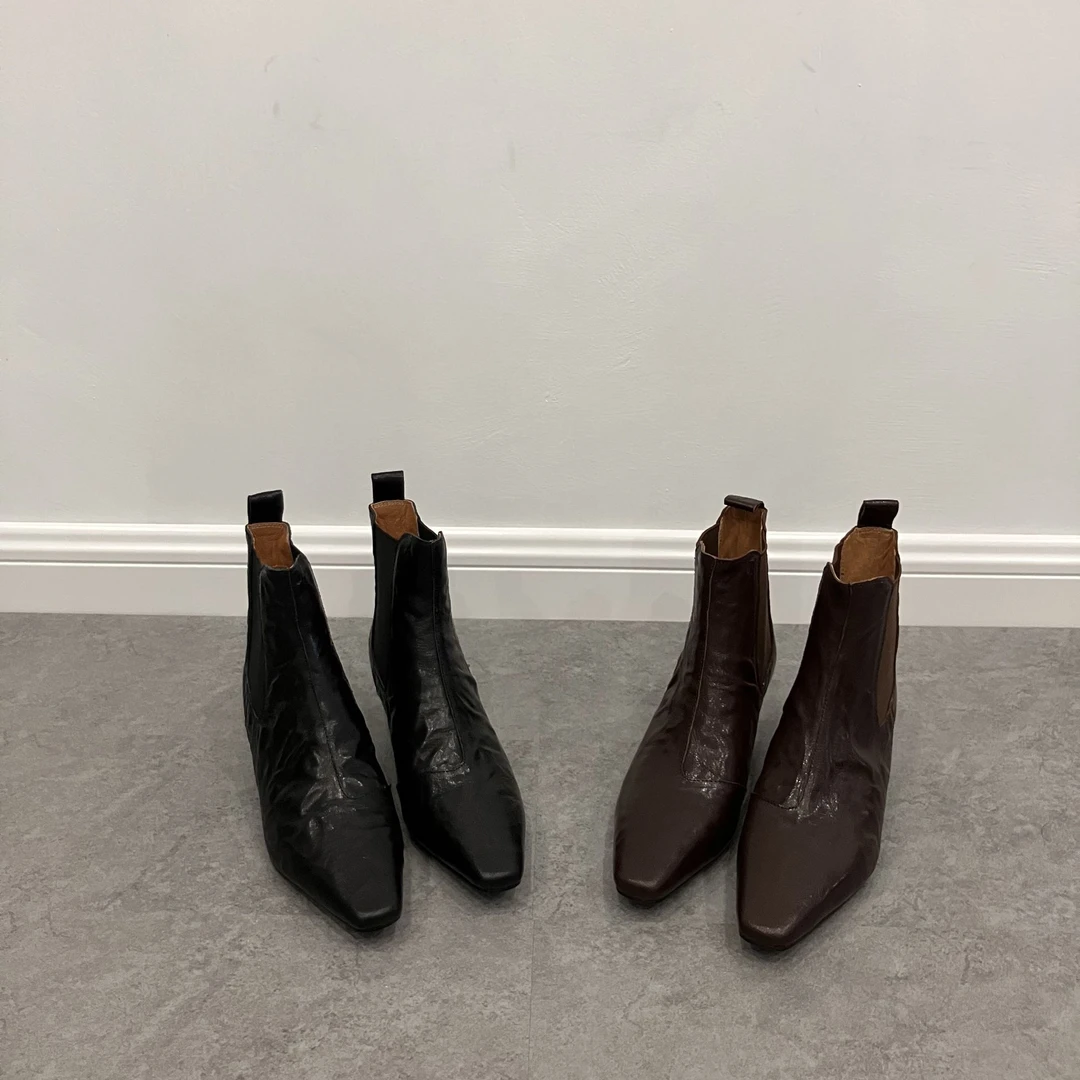 秋冬季新款方头坡跟复古弹力瘦瘦靴女百搭粗跟切尔西短靴时尚休闲