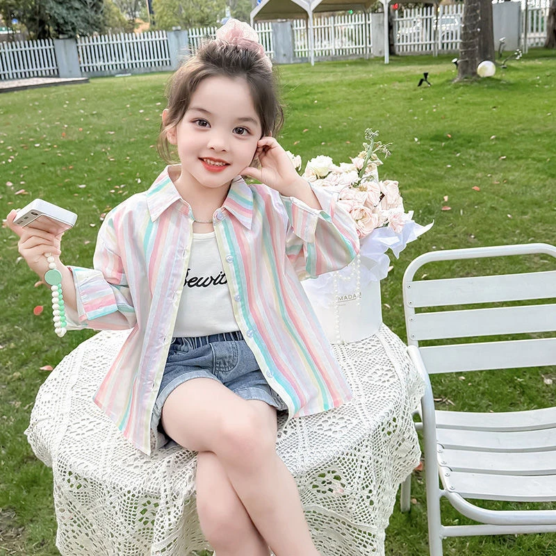 女童夏装衣条纹衬衫2025新款儿童长袖衬衣外穿户外服夏季外套