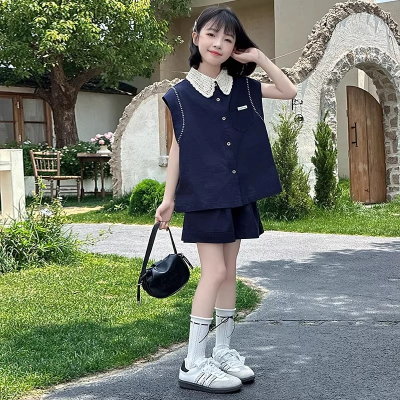 女童衬衫无袖套装2025夏季新款儿童韩系穿搭女孩短袖短裤两件套潮