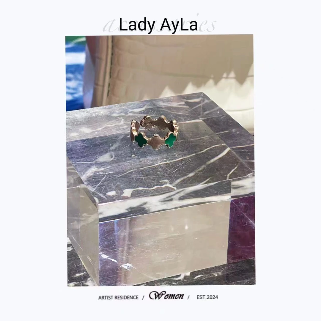 925银珐琅戒指 四叶花草时尚百搭绿色活口戒指AL118