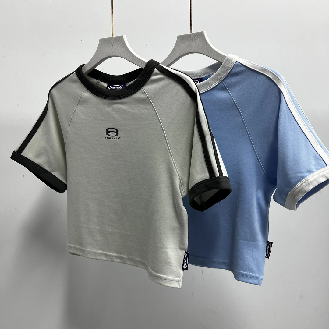 女士短款插肩袖圆领短袖T恤休闲时尚印花拼色上衣 款7