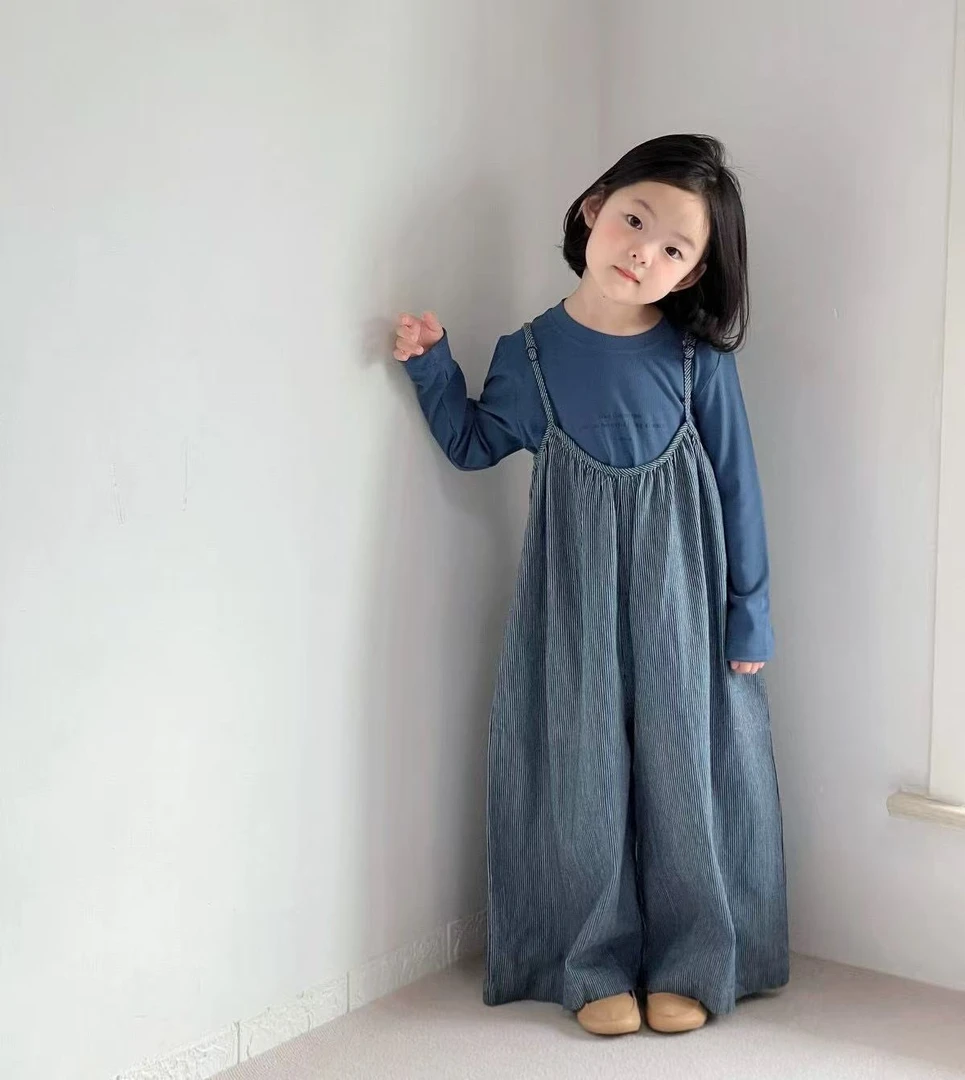 秋季新款韩系女童蓝色条纹背带裤叠穿时髦显白洋气