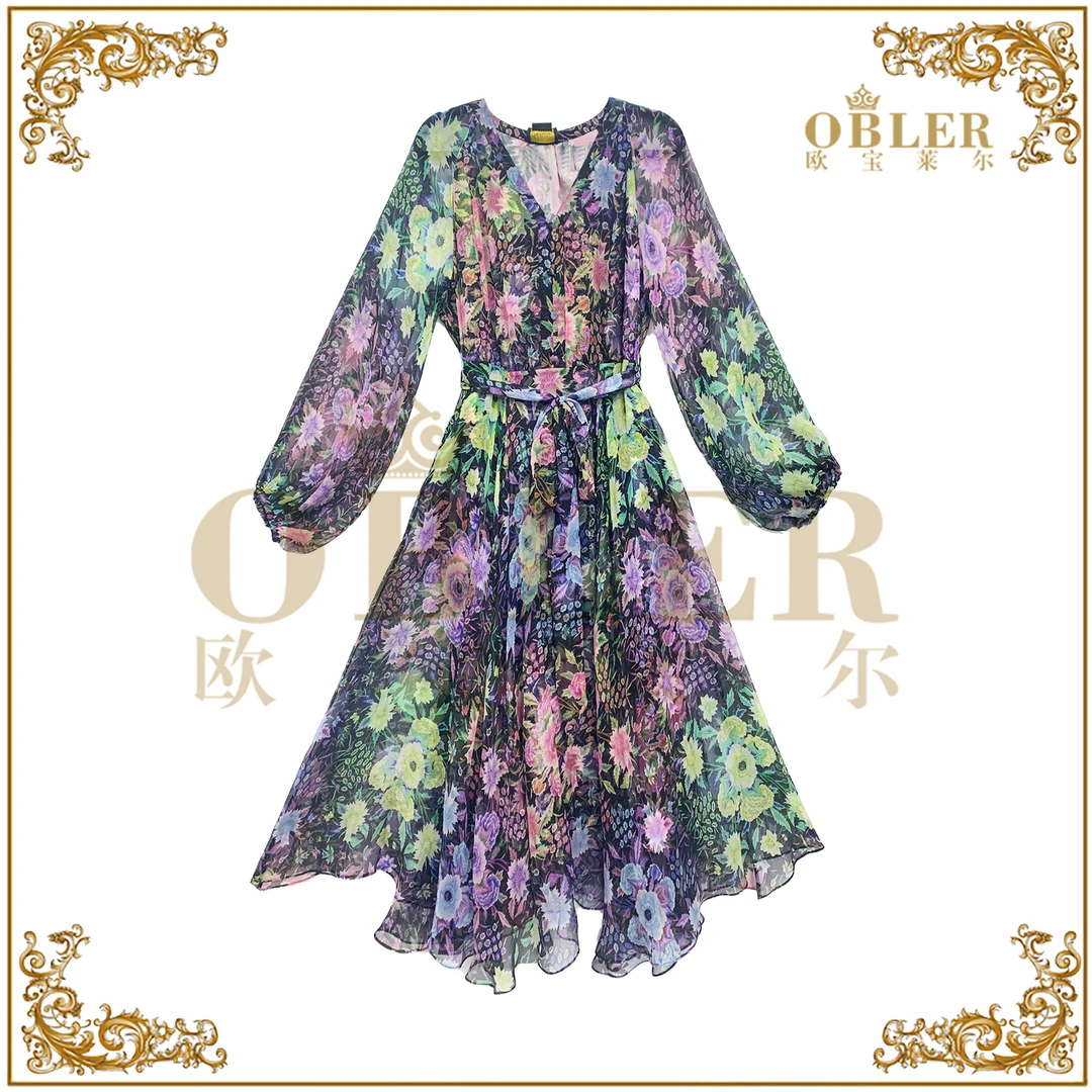 【欧宝莱尔】OBLER2025早春新款长款长袖桑蚕丝连衣裙305-25131