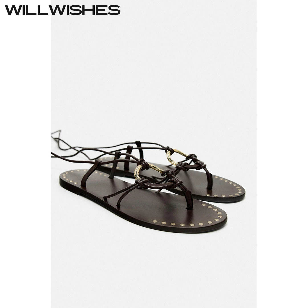 WILLWISHES/王玎设计女鞋夏季时尚交叉绑带罗马凉鞋女夹趾平底鞋