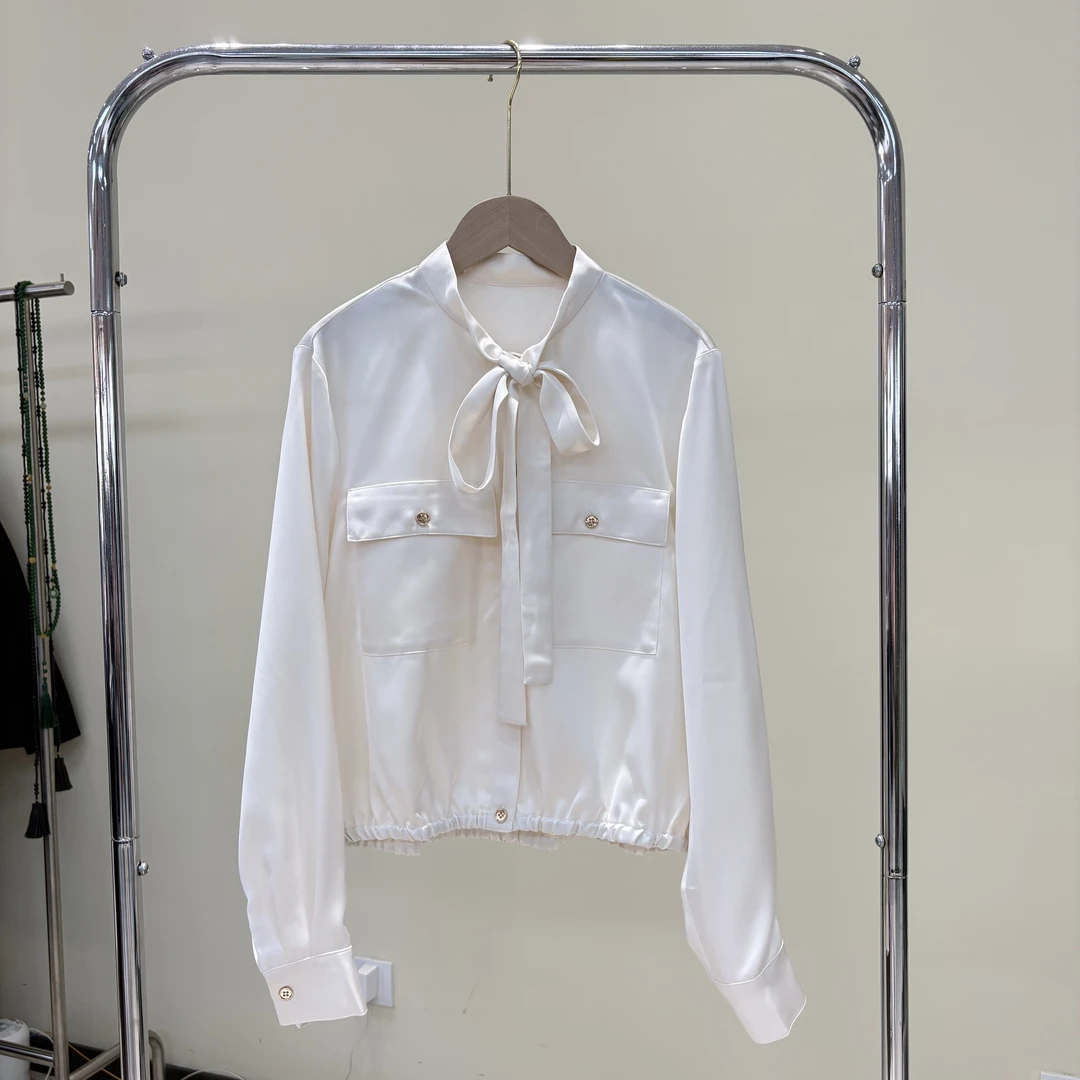 知性飒美飘带领巾双口袋垂感抗皱白色长袖衬衫女纯色衬衣春夏新