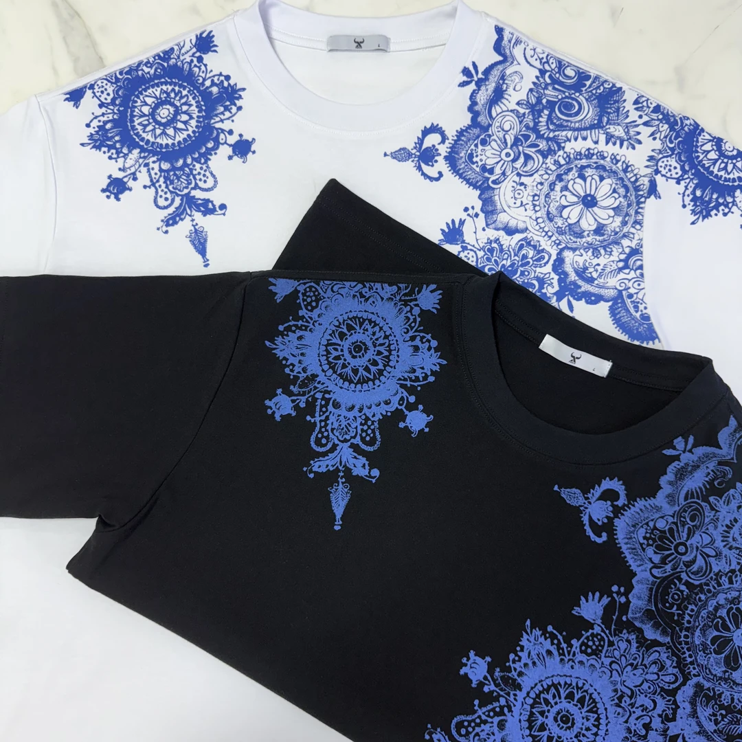 25新款夏季手绘青花瓷原创数码印花百搭宽松男女同款T恤