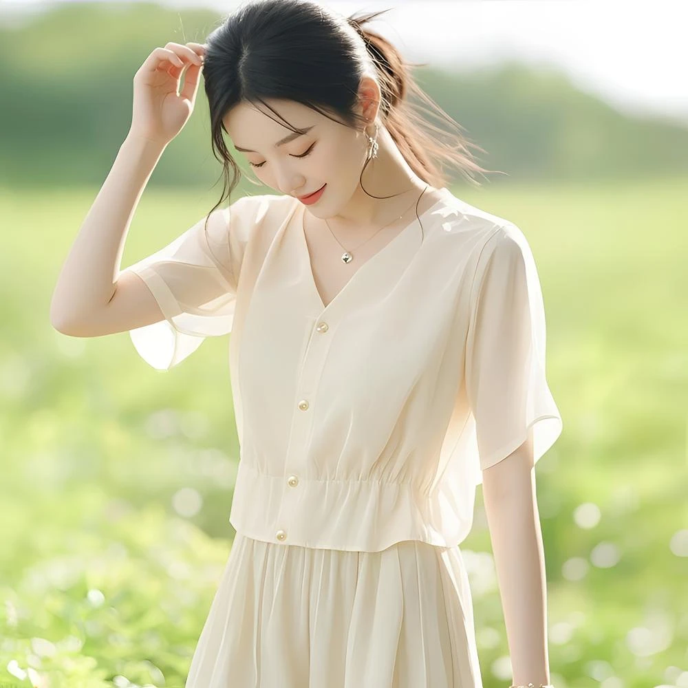 2025年新款韩版减龄漂亮洋气小衫高级感独特别致杏色短袖衬衫女夏