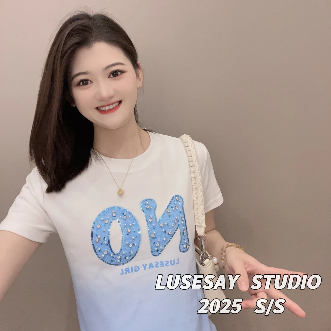 LUSESAY 渐变字母钉珠镶钻 2025夏季新款 短袖T恤女百搭显瘦上衣