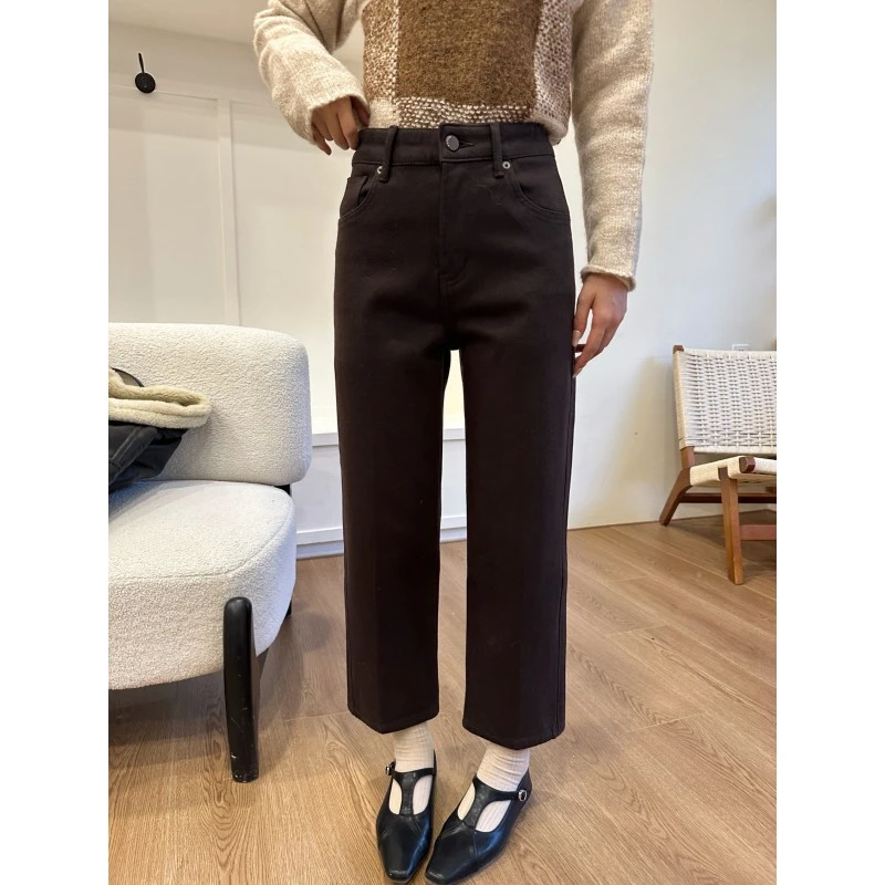 大码美拉德咖色加绒冬季遮胯显瘦直筒牛仔裤女梨形身材高腰九分裤