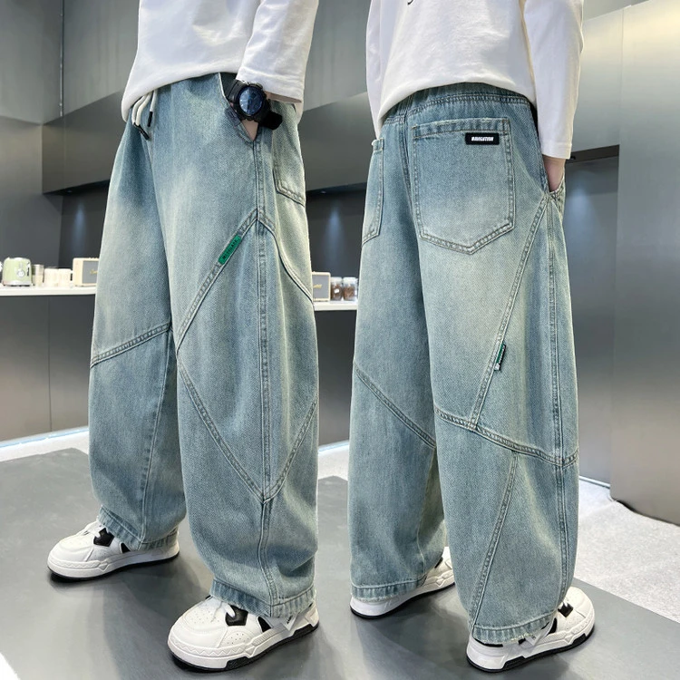 【秋款上新】男童牛仔裤中大童拼接纯色时髦百搭宽松儿童休闲弯刀裤