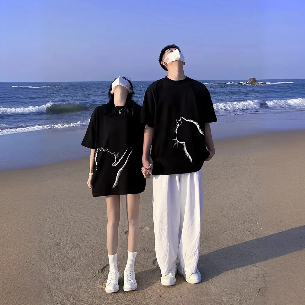 【两件装】不一样的情侣装T恤夏季装2025新款潮牌高级黑色短袖套装