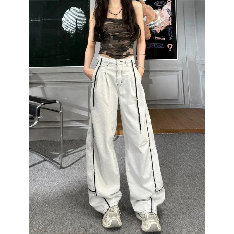 美式立体裁剪线条弯刀牛仔裤男女高腰显瘦微喇裤子垂感直筒阔腿裤