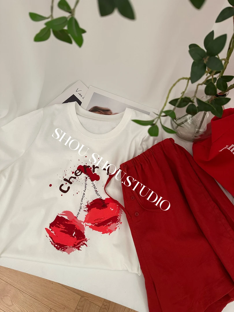 【瘦瘦】Cherry-大码夏季圆领水果无感印花百搭宽松短袖T恤S01703