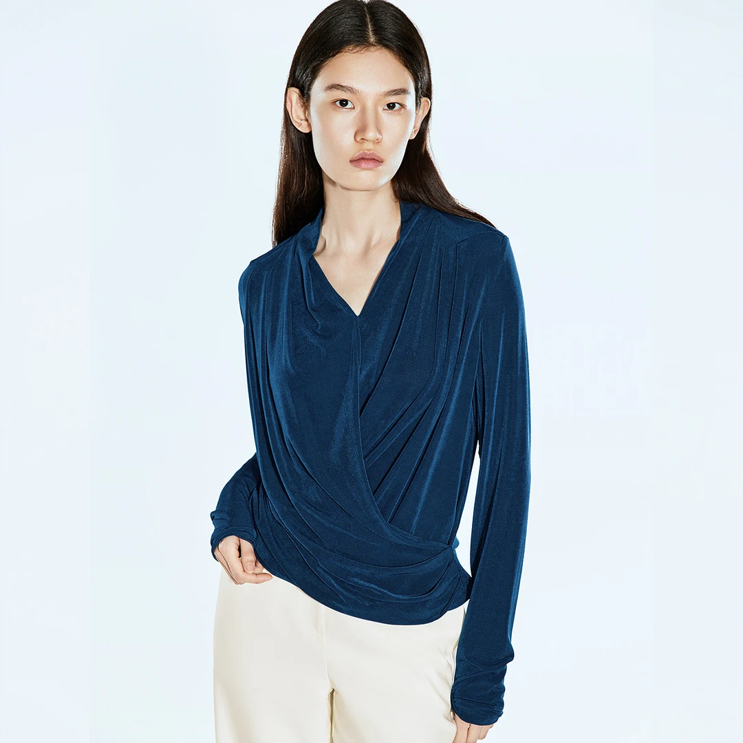 COVERINS春季醋酸针织垂坠时尚百搭气质v领上衣CC35160120