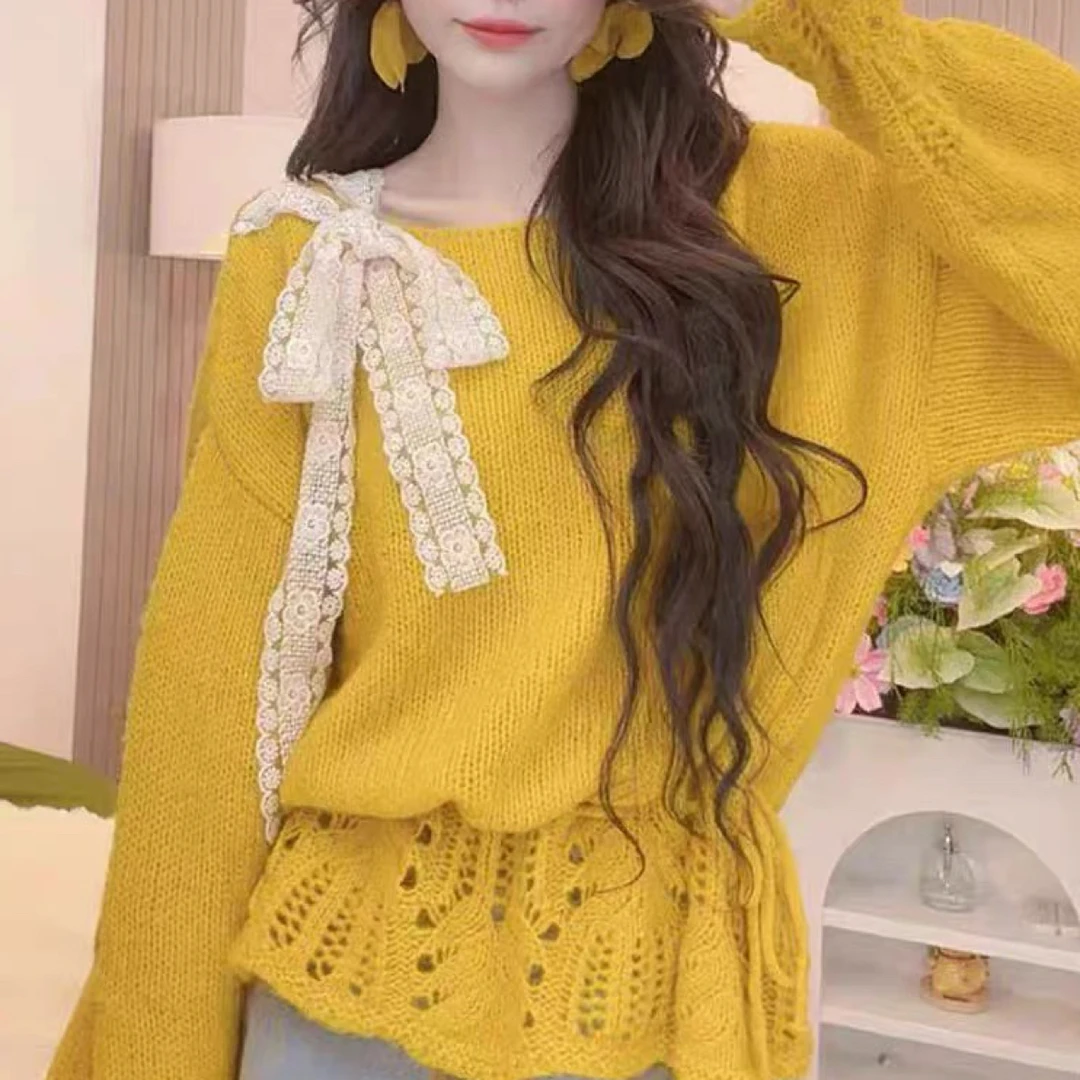 37温柔紫色蕾丝蝴蝶结系带套头毛衣春秋甜美宽松针织衫上衣