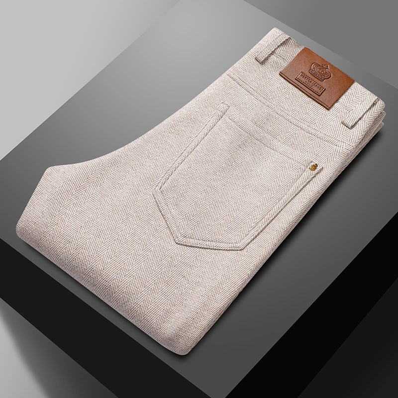 秋冬高端商务休闲裤亲肤保暖加绒加厚人字纹简约大方轻奢直筒男裤