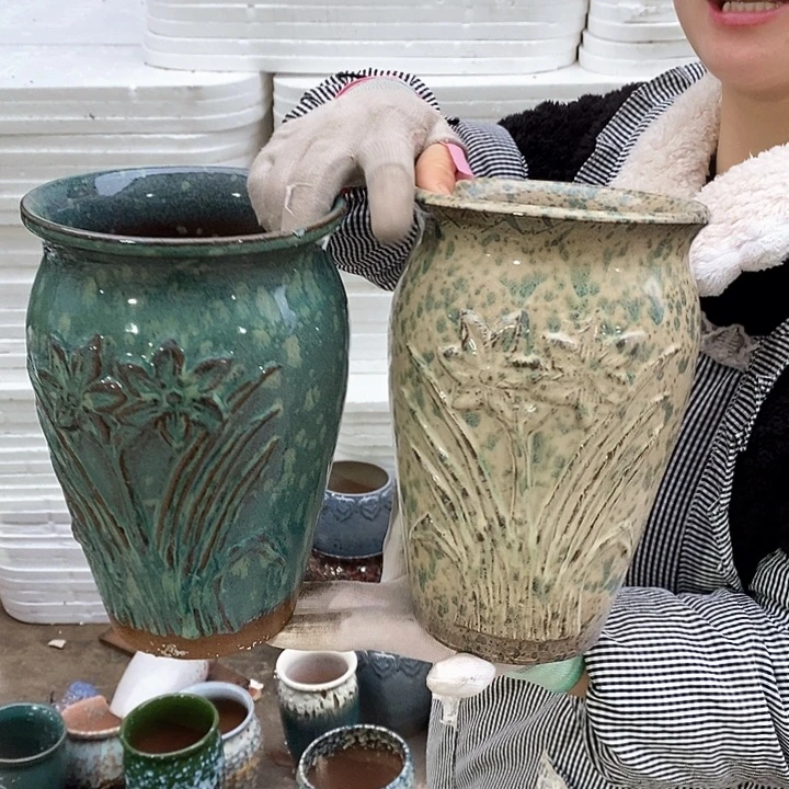 红泥花盆瑕疵口15高24