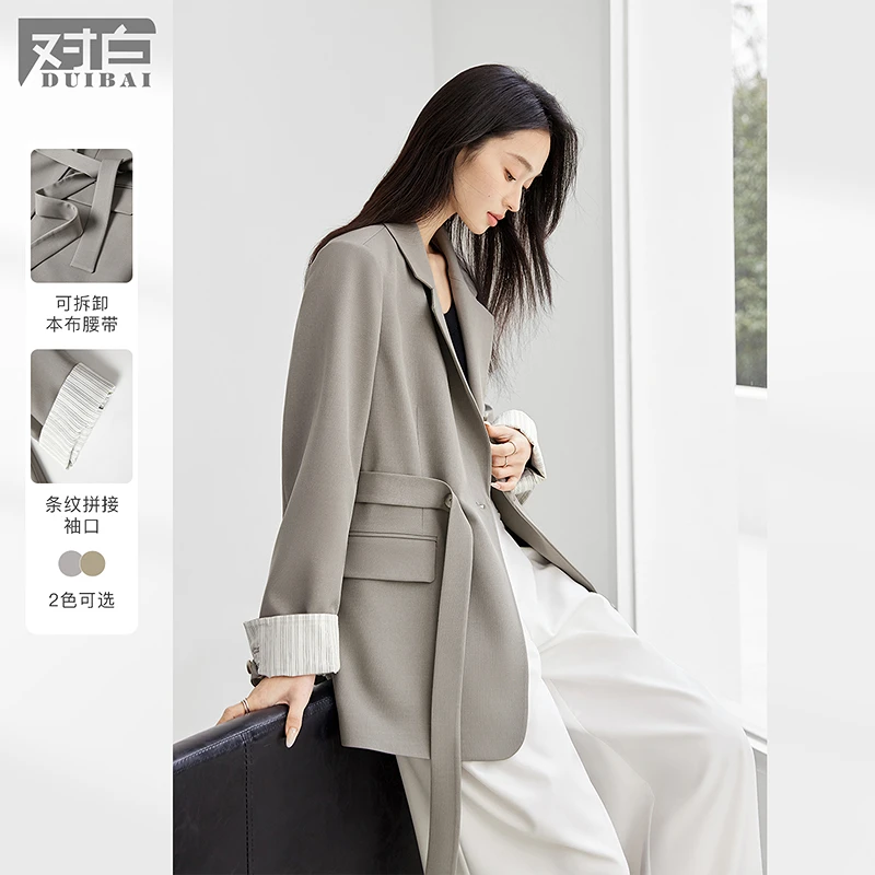 对白设计感腰带宽松西装外套女2025春季新款休闲通勤廓形气质西服