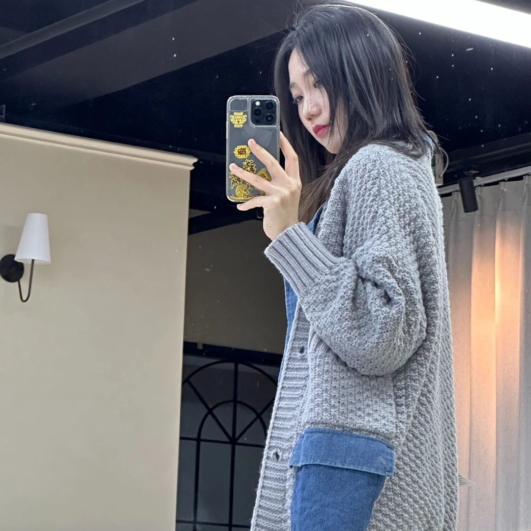 出口潮流牛仔拼接针织外套