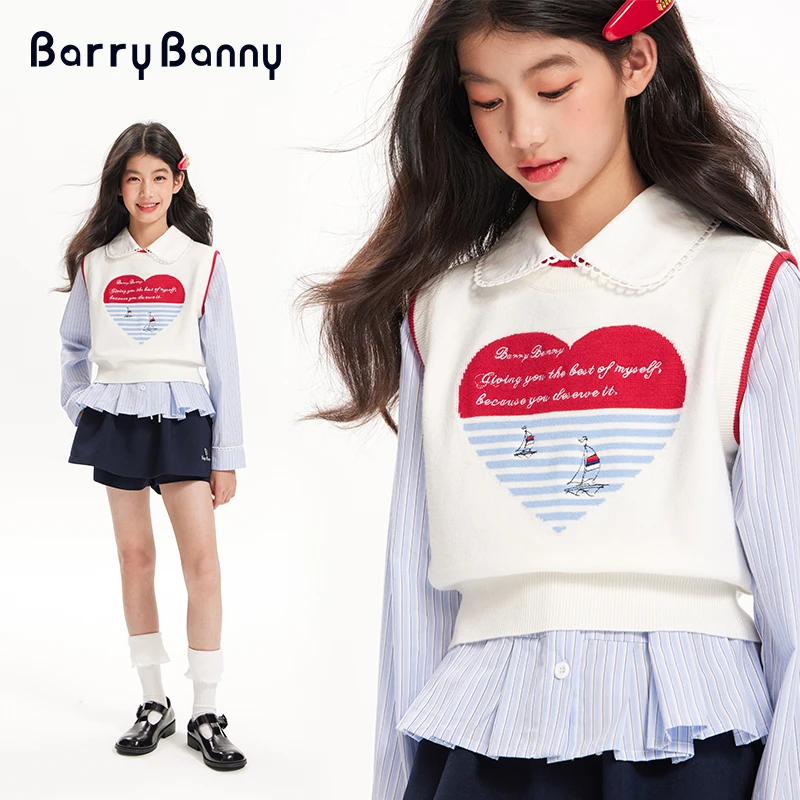 BarryBanny女童背心2025春季新款爱心白色上衣儿童宽松针织背心