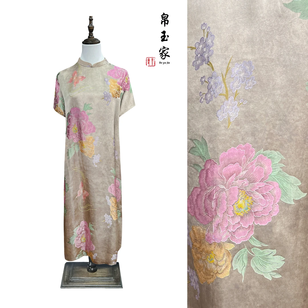 【帛玉家】2455新中式缎面红云纱牡丹织花袍子连衣裙