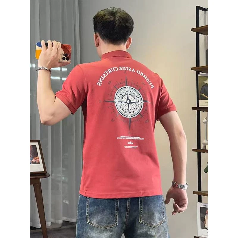 潮牌T恤男夏季新款潮流指南针字母印花图案青年翻领修身polo衫潮