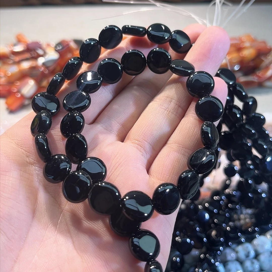 玛瑙/玉髓合金珠宝半成品黑玛瑙圆牌一条12mm